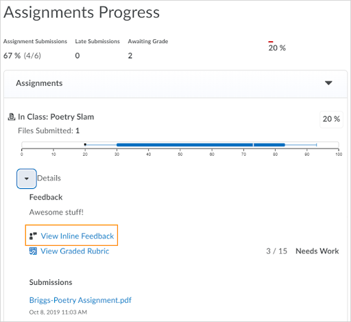 Progress view for instructors and learners displaying the View Inline Feedback link, which now opens directly in the annotation view