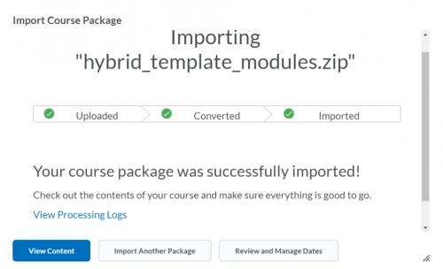 screenshot of the final import package page
