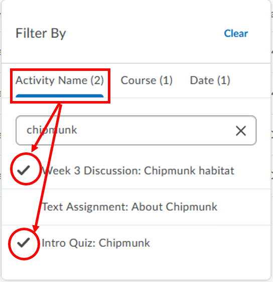 Quick Eval-Filter Activity name-Include Activity Checked