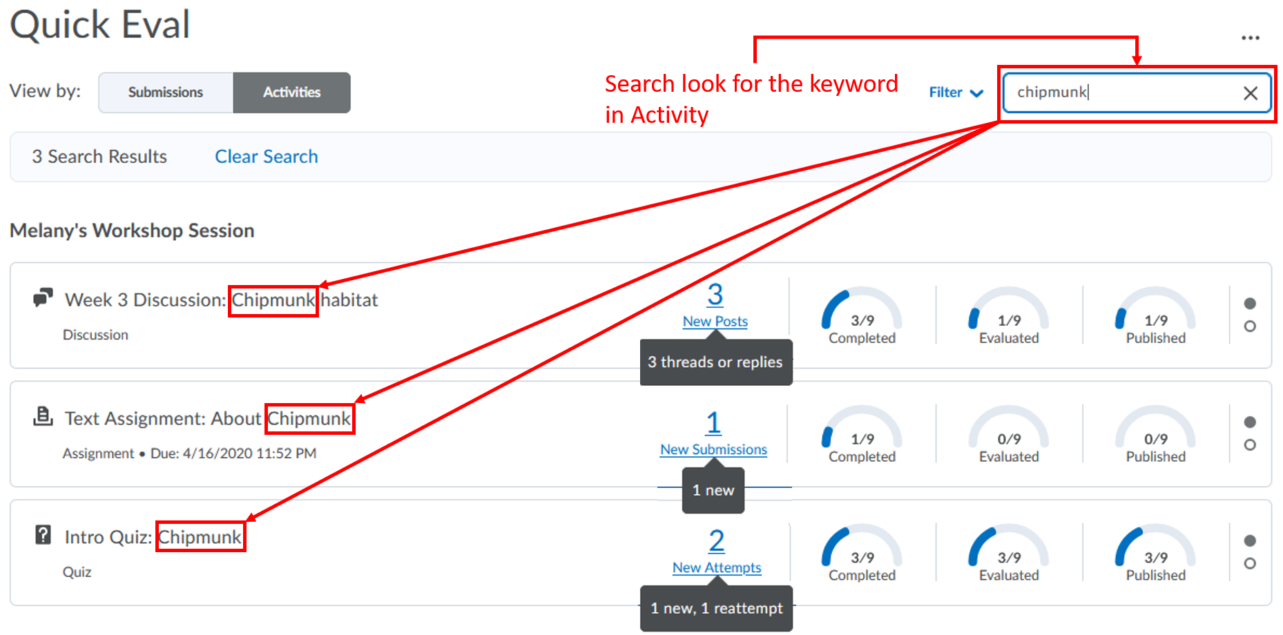 Quick Eval-Search submissions-view by -Activities