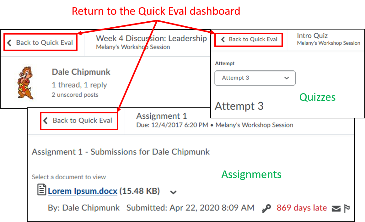 quick eval-evaluate activity-by student's submission-return to dashboard