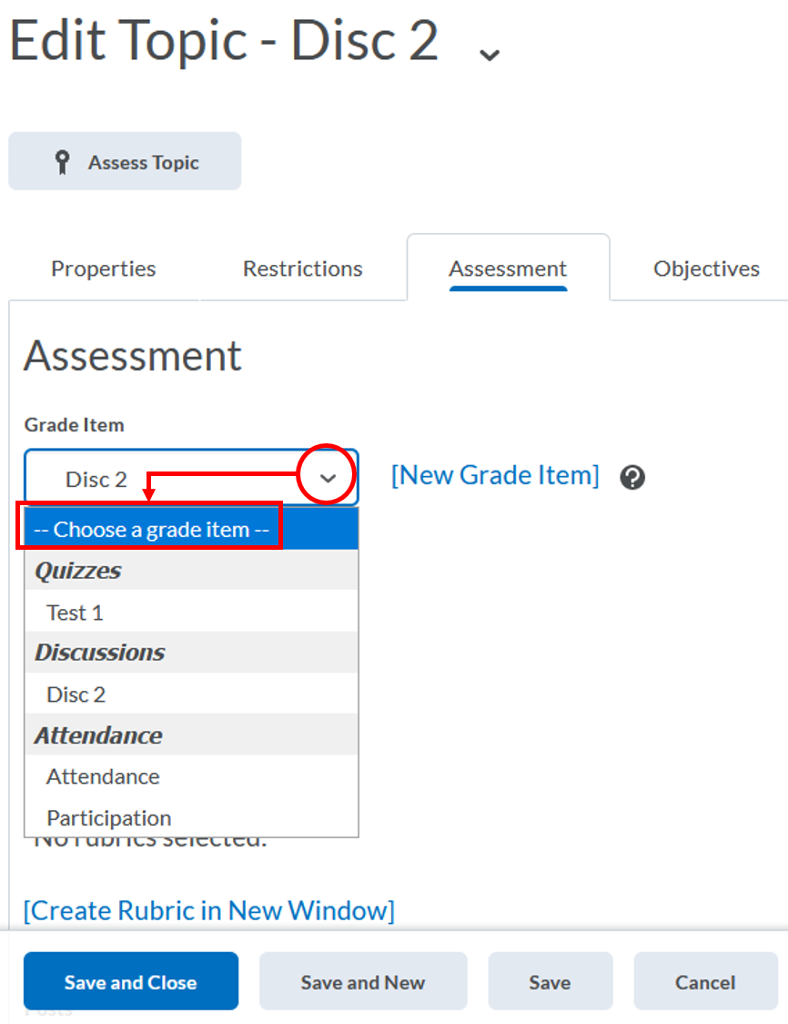 Discussions-assessment tab-grade item-choose a grade item