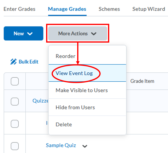 Grades-Manage Grades-more actions-view event log