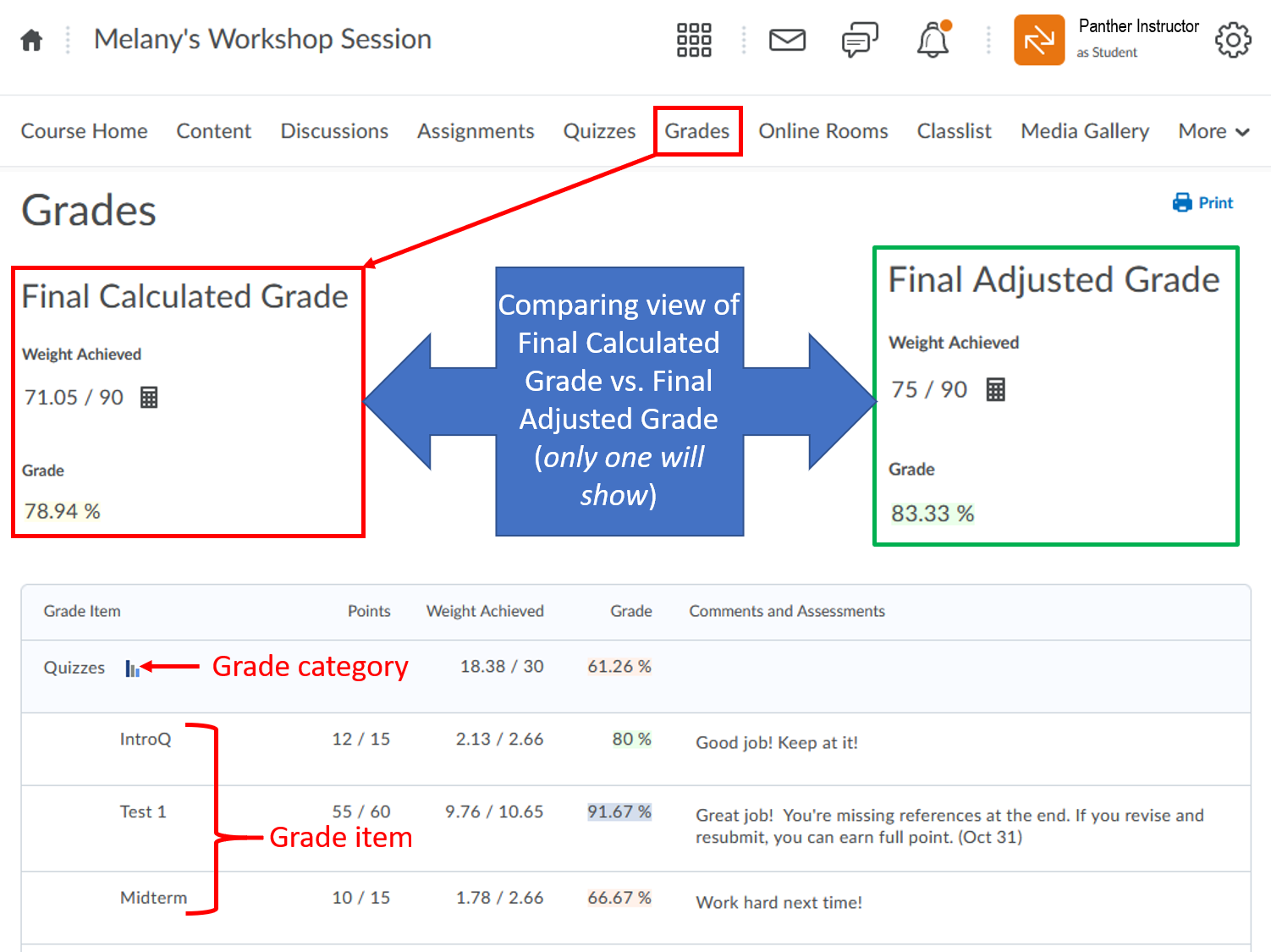 Grades-instructor view as student