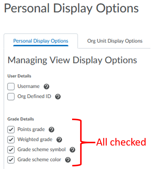 Grades settings-personal display options