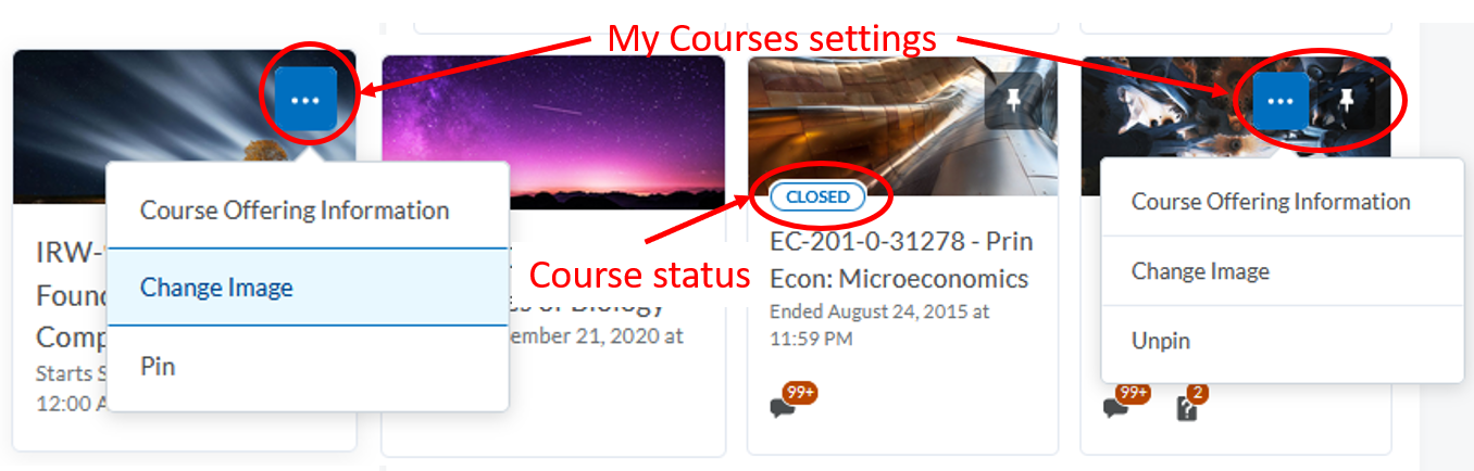 D2l Homepage: homepage area - My Courses widget options
