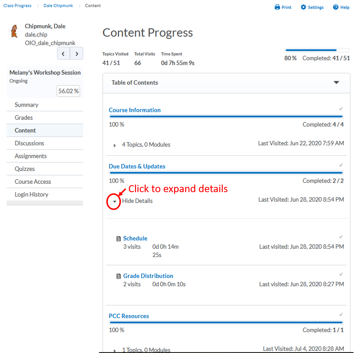 class-progress: View Content detail information