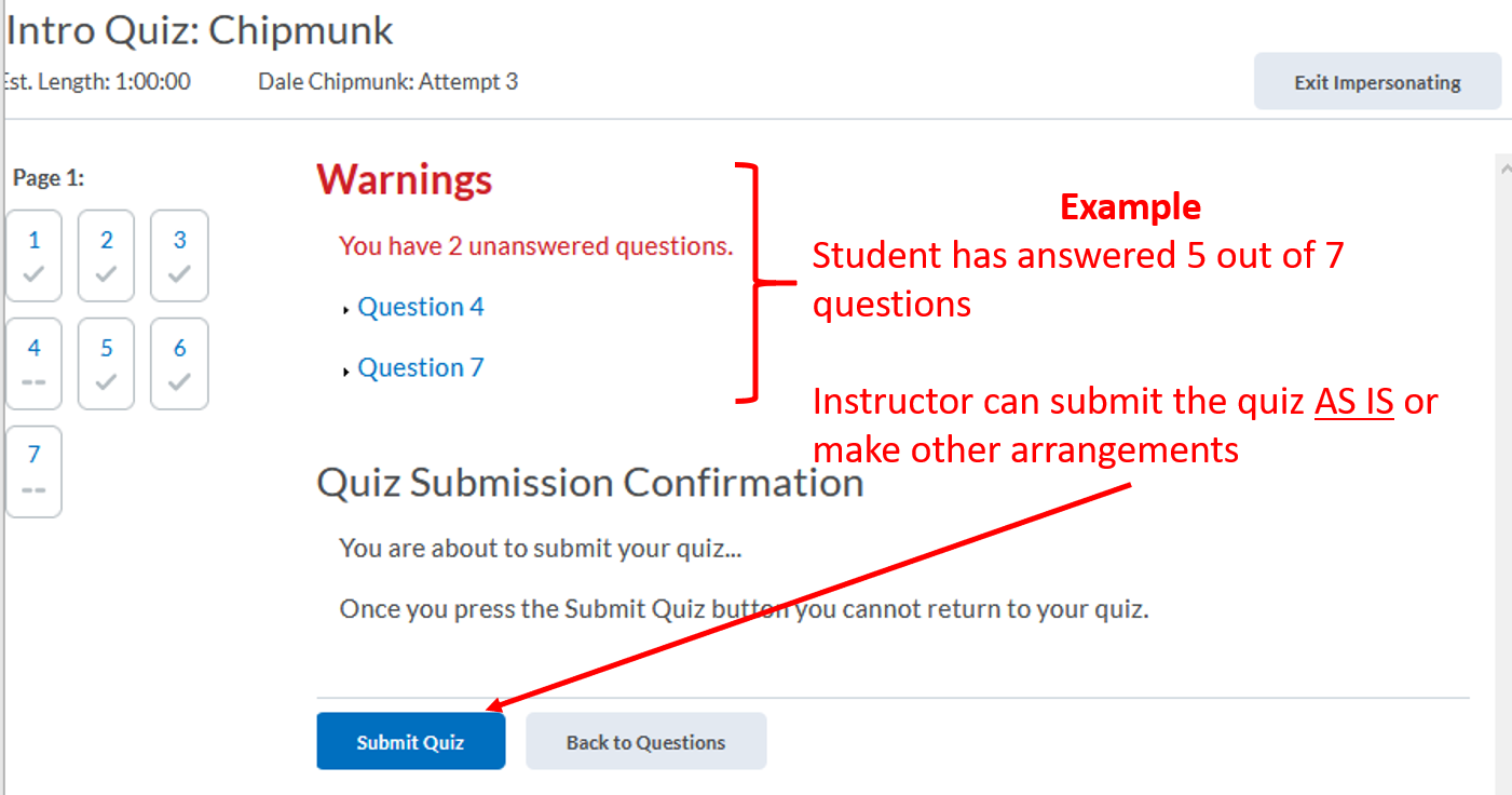 Quiz: quiz attempt - submit quiz for student, confirm submission