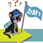 A cartoon panther with a backpack and PCC baseball cap next to a blue flag that says "Start"