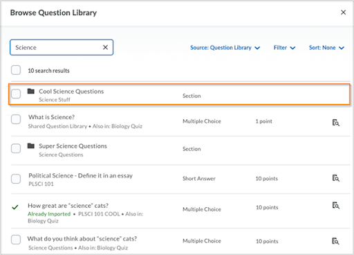 The updated search and select capability in Question Library 