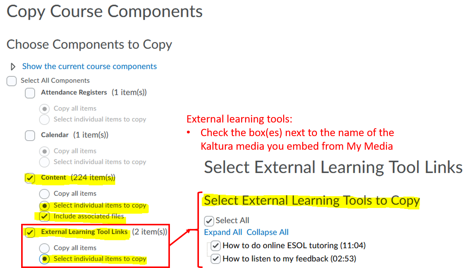 D2L: copy select components - kaltura external learning tools