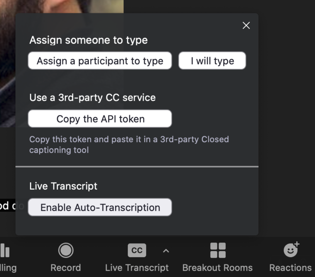 Zoom's auto transcription feature is easy to enable.