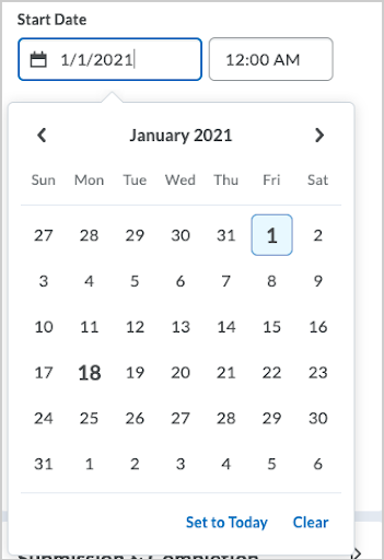 When the date picker is open, the field to which it applies is highlighted and the picker dialog points to the field.