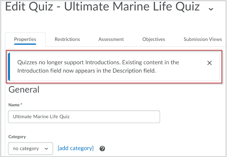The Edit Quiz page with the message that appears when you edit a quiz containing an introduction