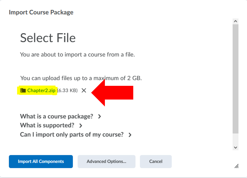 D2L Course Admin: Import course package window with a file already selected