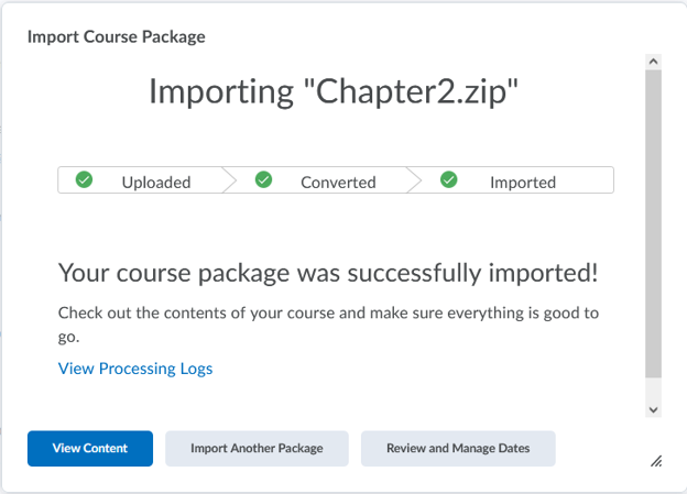 D2L import course package: success import message
