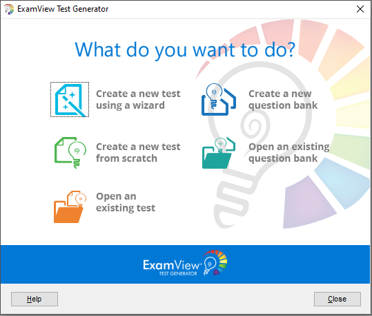 ExamView: menu options to create a new test or open an existing question bank 