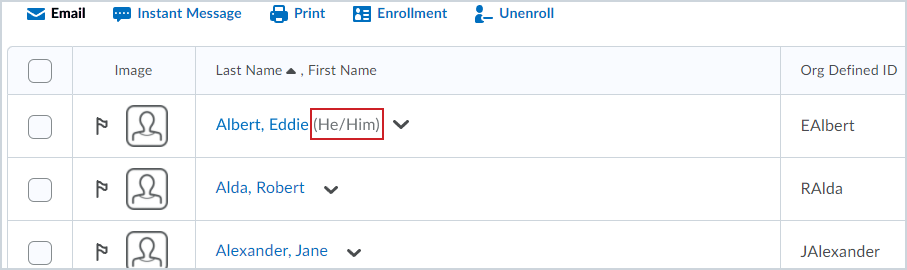 Pronouns display in the 'Last Name, First Name' column of Classlist, to the right of the user's name, in parentheses. User name text is blue, pronoun text is grey.