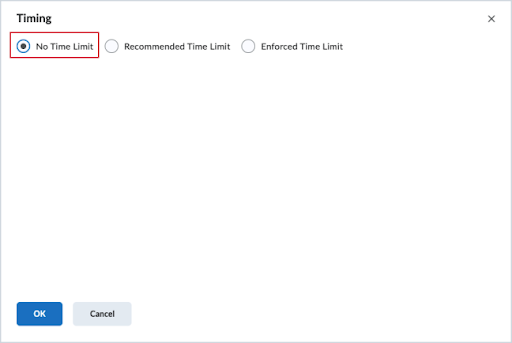  Instructor view of the New Quiz page with the new default No Time Limit option selected.