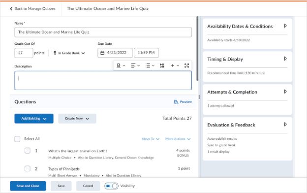 The new quiz experience in D2L is similar to the assignment tool