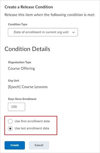 The Release Conditions menu with the choice of the date of enrollment in the current org unit highlighted.