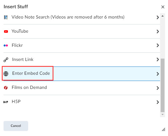 Select Enter Embed Code from the list highlighted in a red box