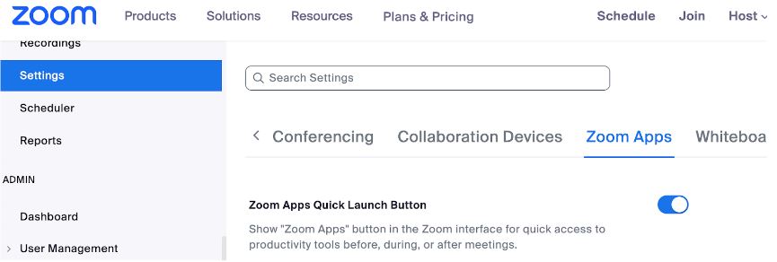 In your settings, click on the Zoom apps heading, and enable zoom apps.