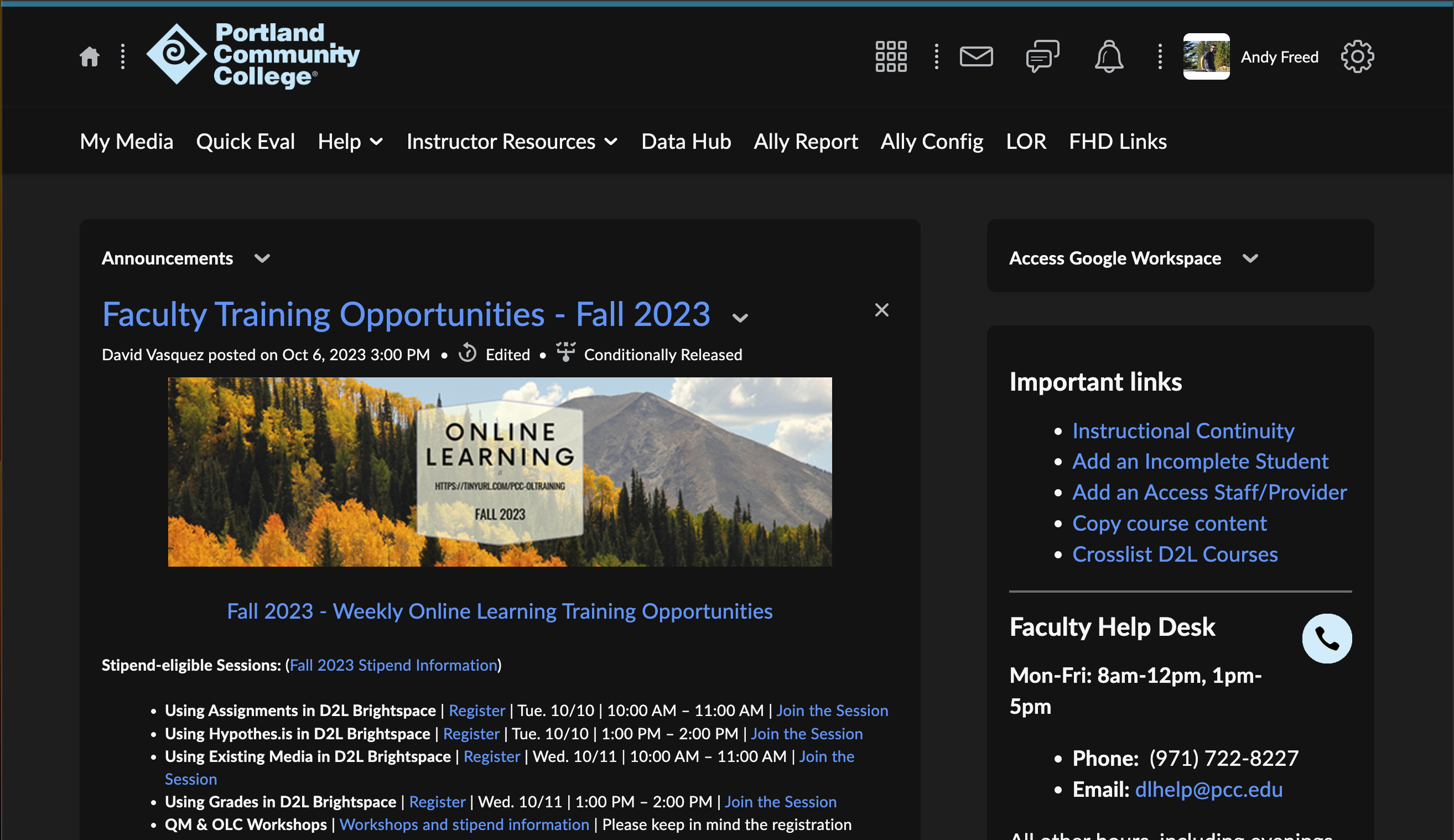 The My Home page in D2L Brightspace with Dark Mode enabled. Your Mileage May Vary.