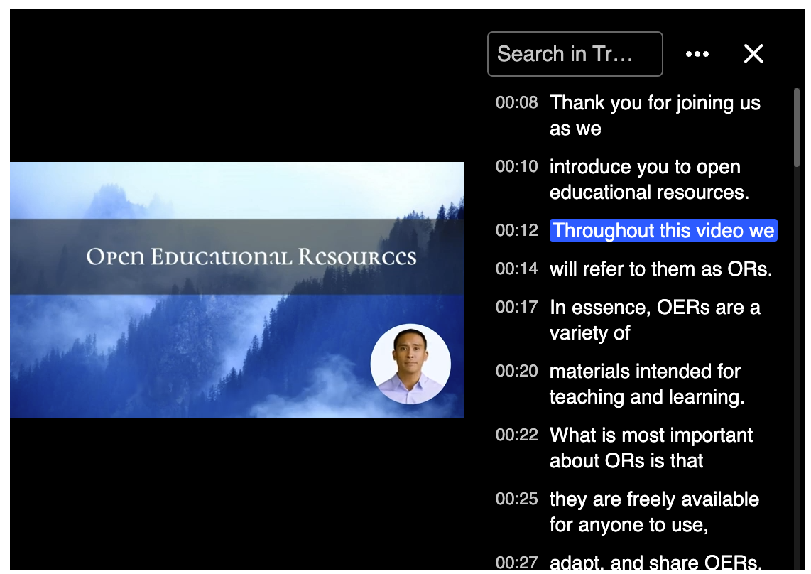 A sample video with the searchable transcript displayed.