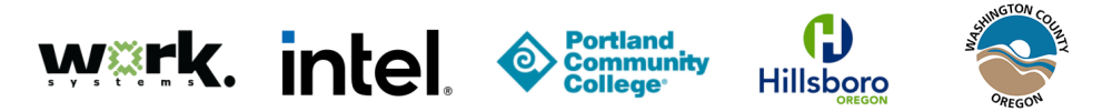 Work Systems, Intel, Portland Community College, and Hillsboro Oregon logos