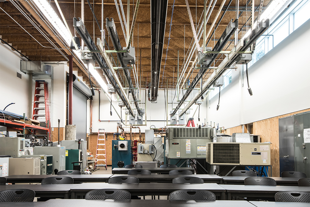 Industrial classroom with equipment and tables