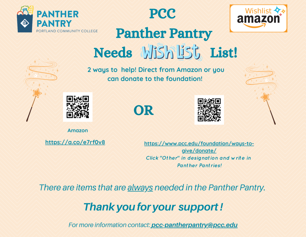 Amazon Wish list and PCC foundation links and QR codes