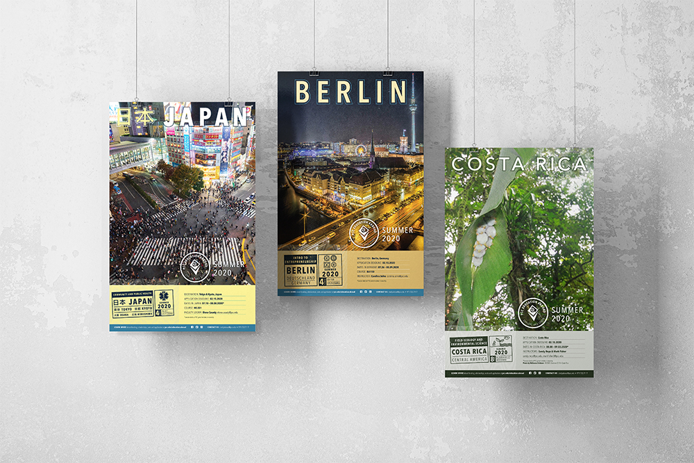 Image of three Education Abroad posters for Japan, Berlin and Costa Rica