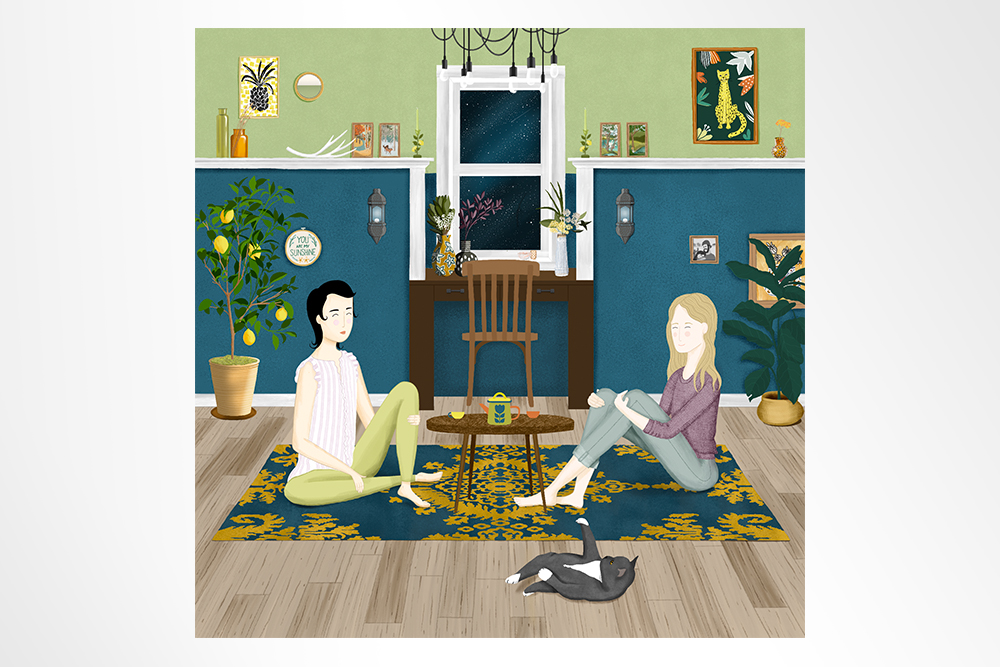 Illustration of two friends sitting on the floor