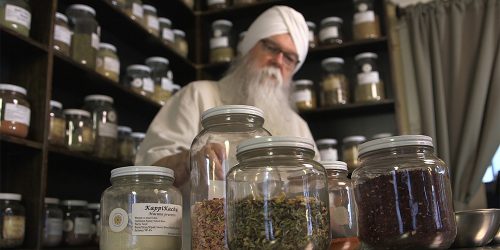 Instructor KP Khalsa in store room with jars full of herbs.