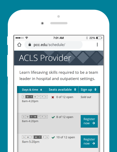 ACLS Provider class schedule page with Register Now buttons
