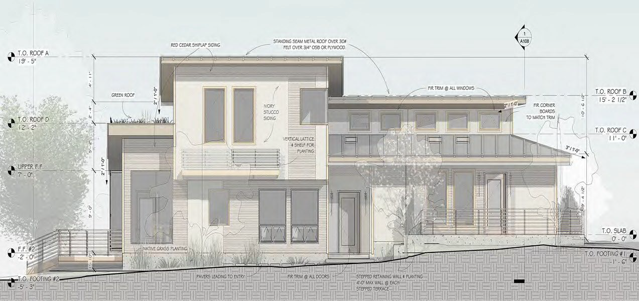 Architectural illustration of modern home with technical markings