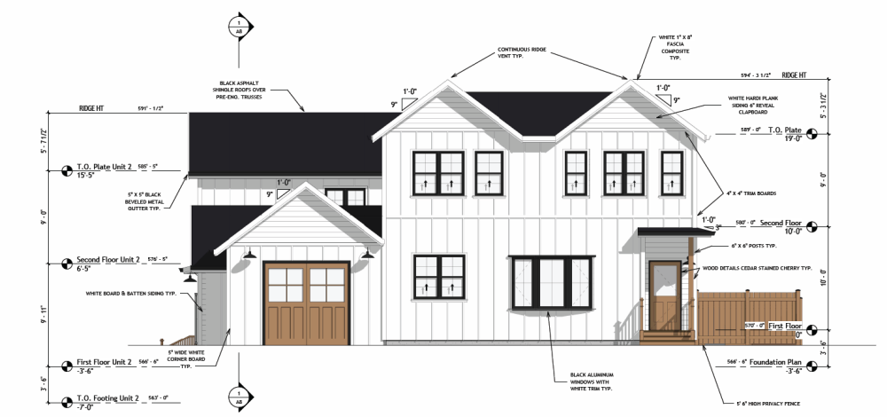 Architectural illustration of modern home with technical markings