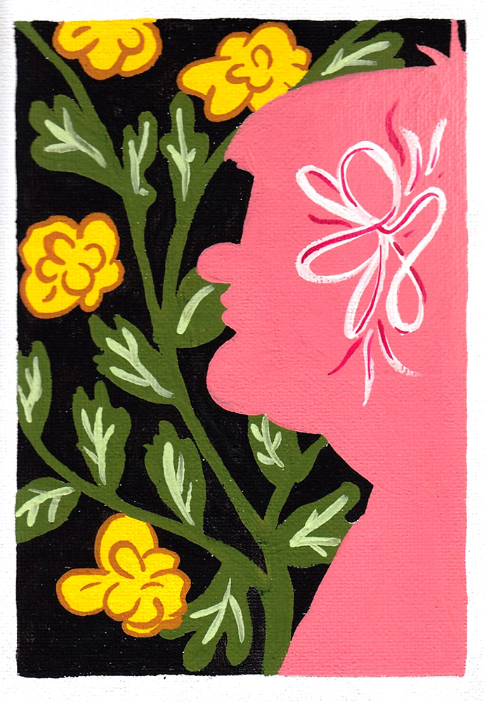 Gouache artwork of a pink silhouetted figure in front of yellow and green flowers over a black background