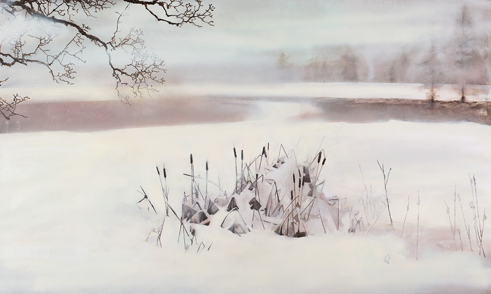 Painting of a frozen pond with cattails in a winter