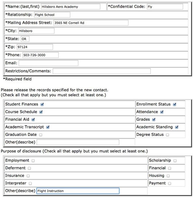 screenshot of consent to release form with Hillsboro Aero Academy showing in the name field