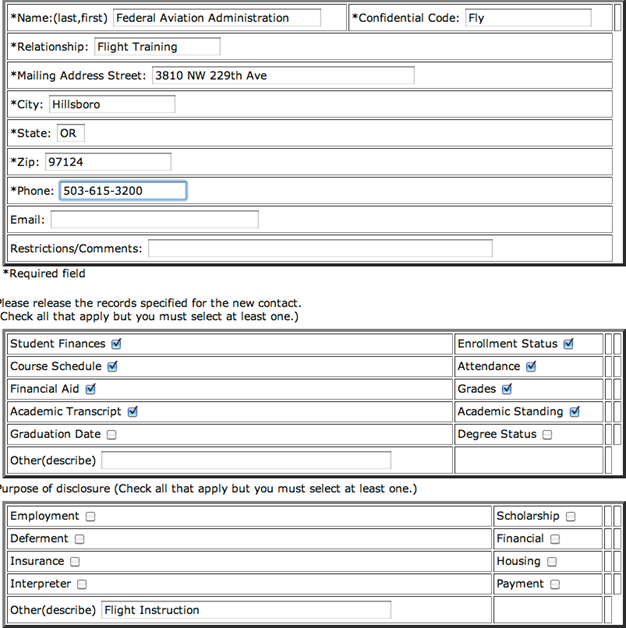 Screenshot of consent to release form showing the Federal Aviation Administration in the name field