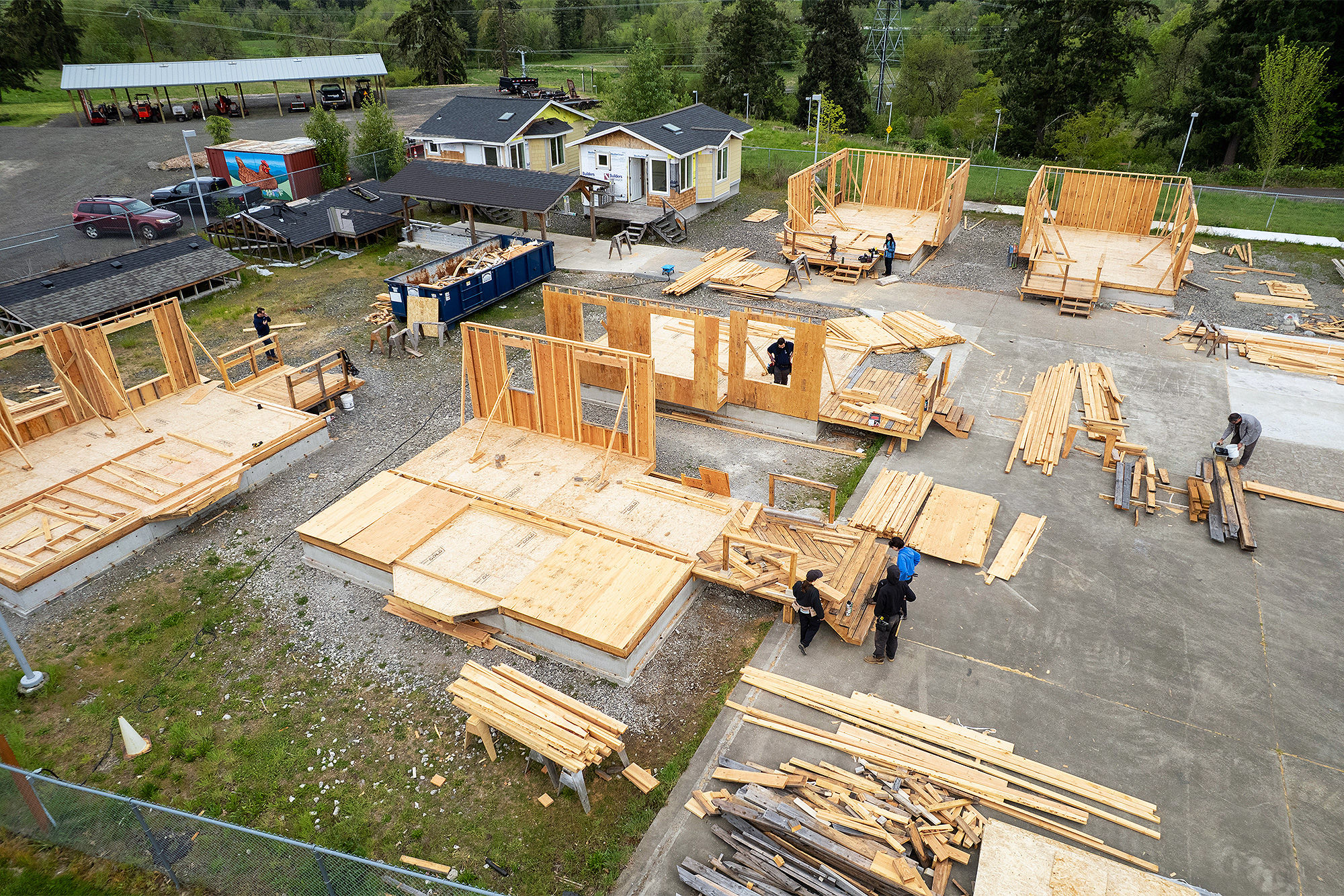 Drone photo of the Building Construction worksite with students working