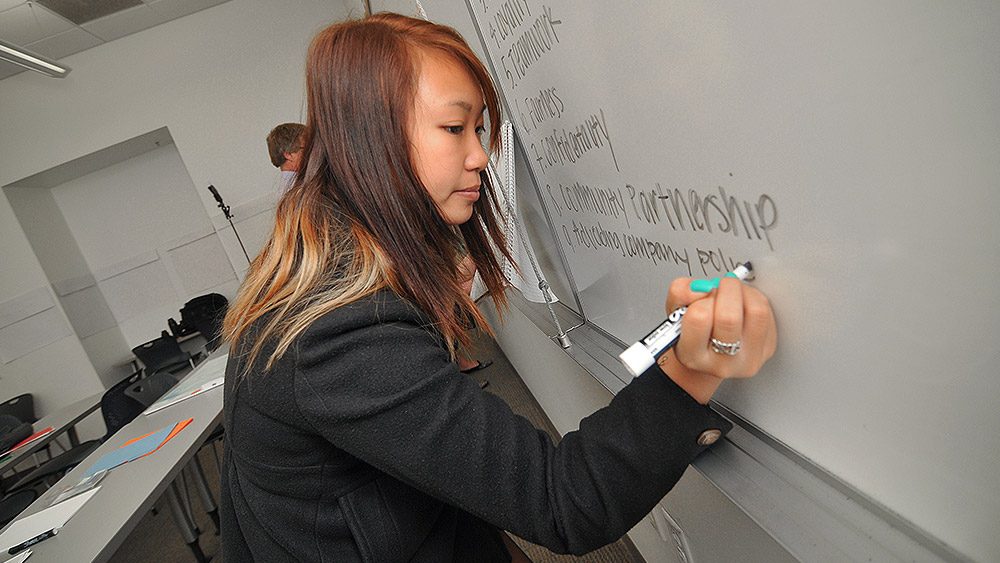 Student writing business and management terms on a whiteboard