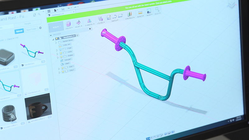 Bicycle handlebars in CADD software on a computer screen
