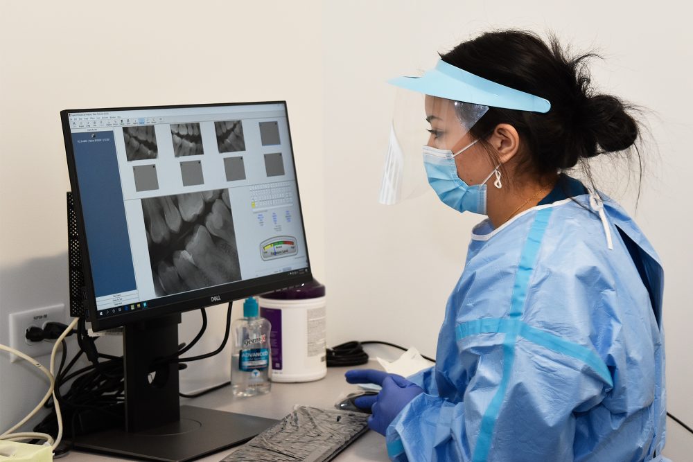 Dental Assisting student looking at teeth X-rays on a computer