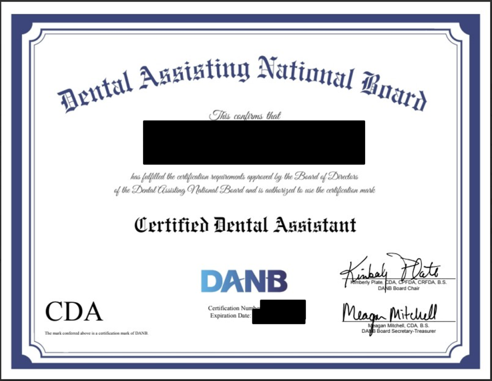 Example of a DANB CDA certificate
