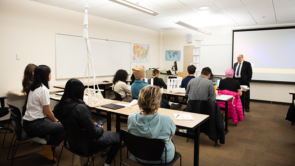 Management classroom with student projects on the table