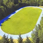 Aerial photo of the blue outdoor running track