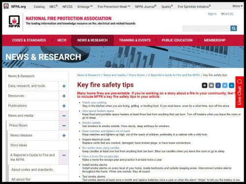 National Fire Protection Association safety tips website screenshot